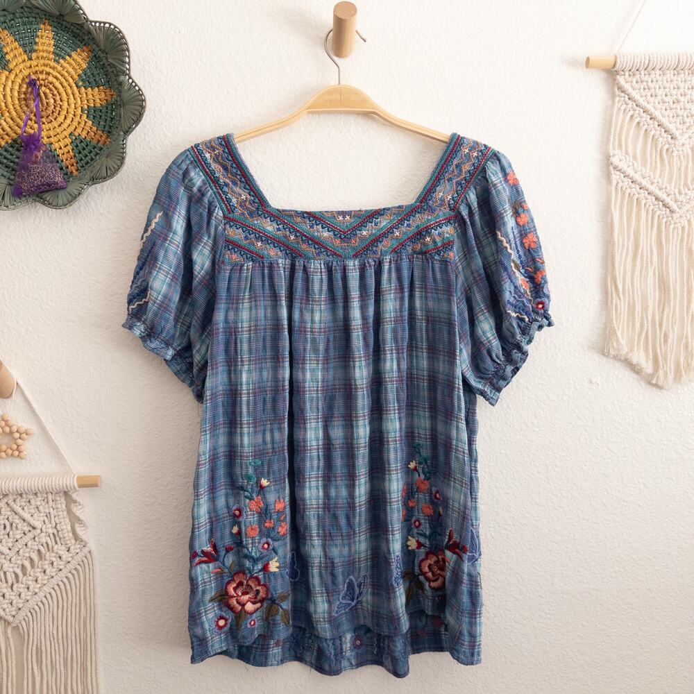 Johnny Was Workshop Aimee Embroidered Floral and Plaid Pattern Top Size Small - Picture 2 of 9